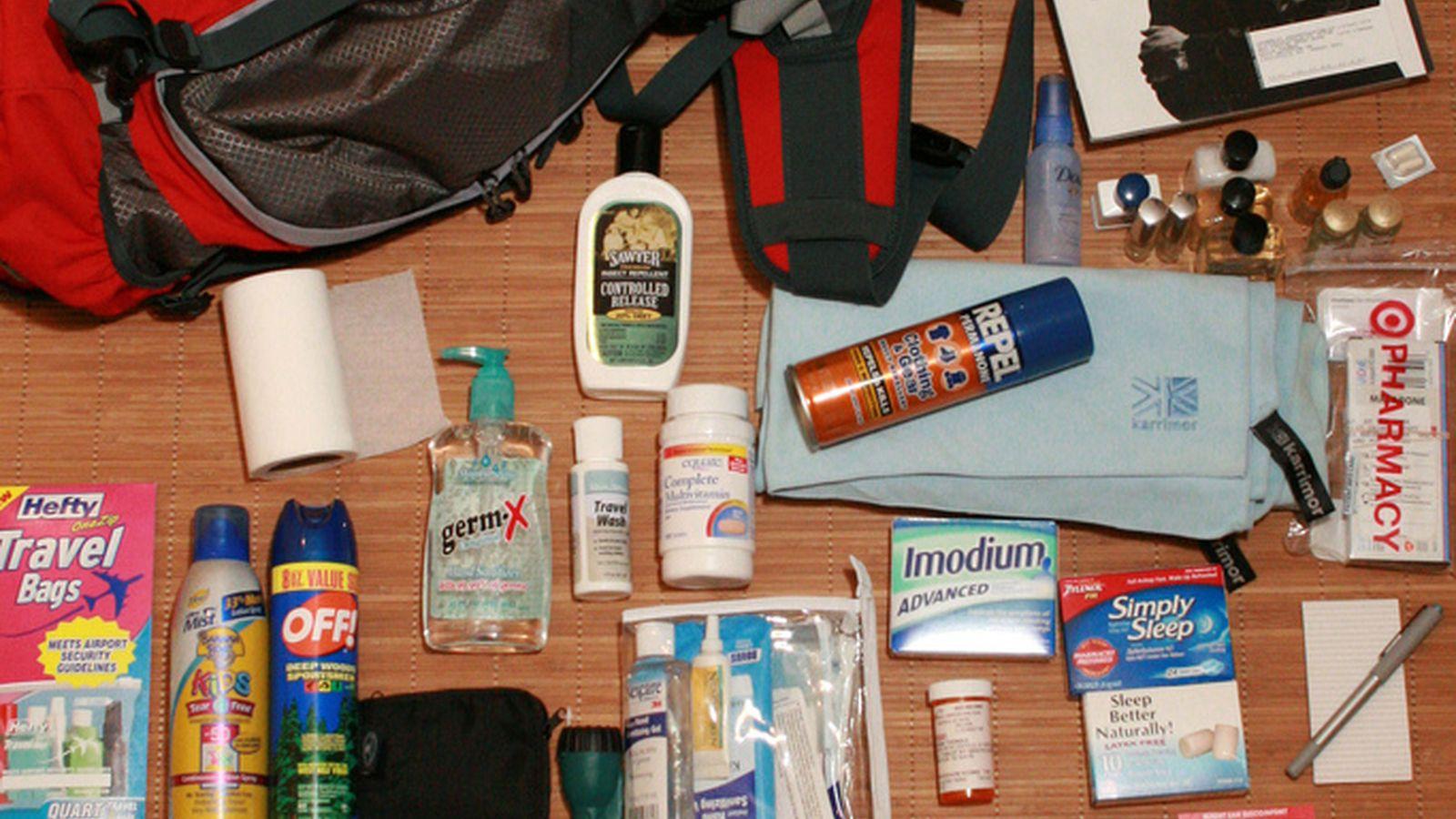 Travel first aid kit packed with luggage essentials