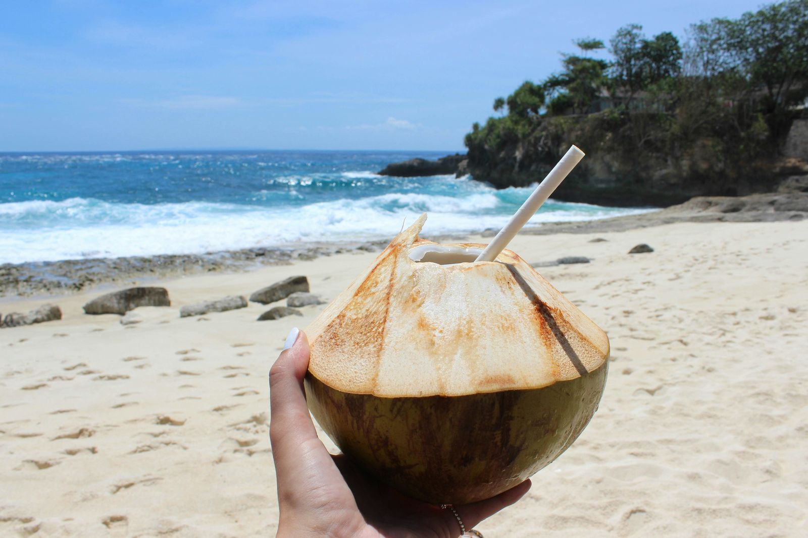 Person holding a fresh coconut drink near the ocean