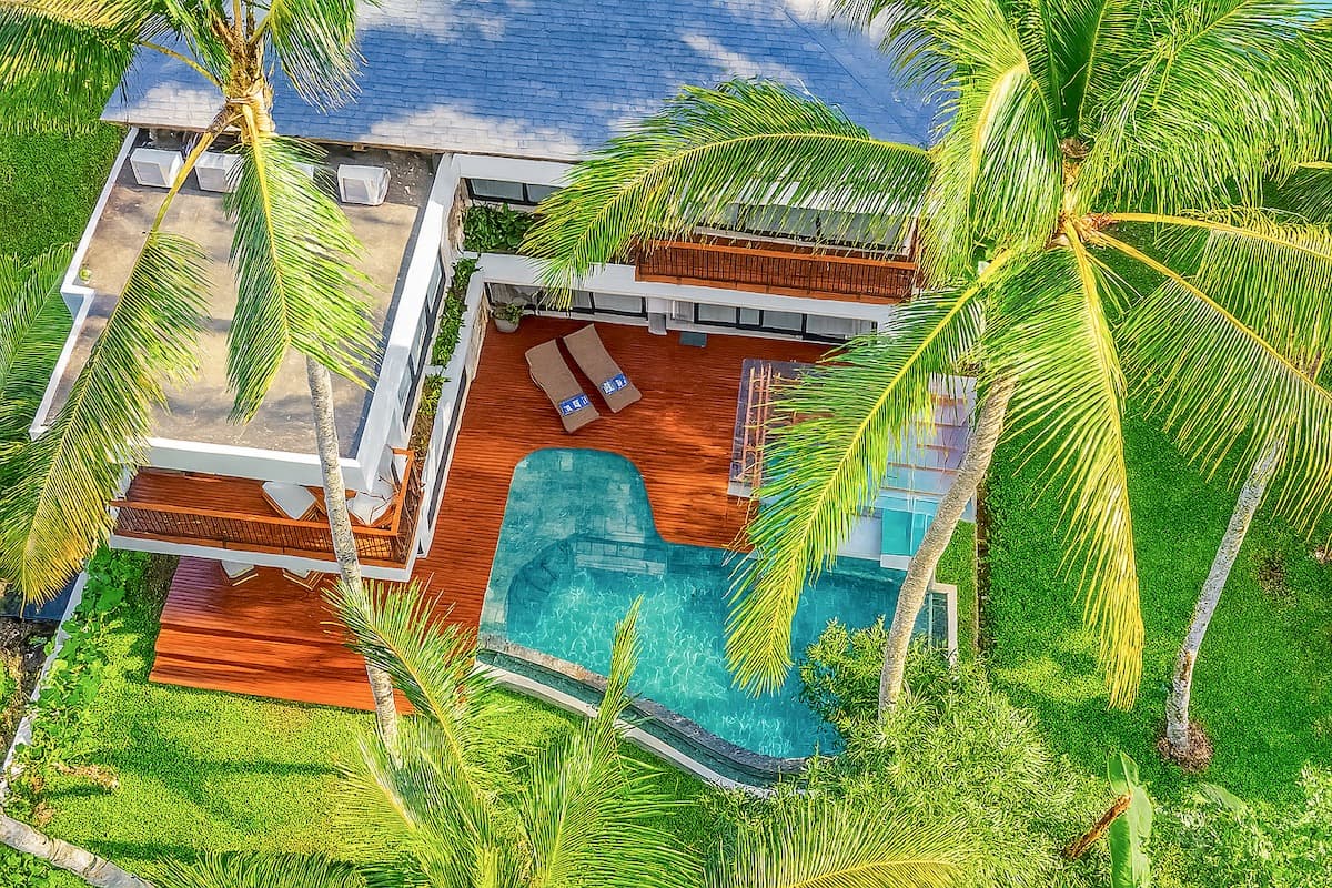 Aerial view of Hubuddha Three Bedroom Villa pool and tropical gardens Ubud Bali