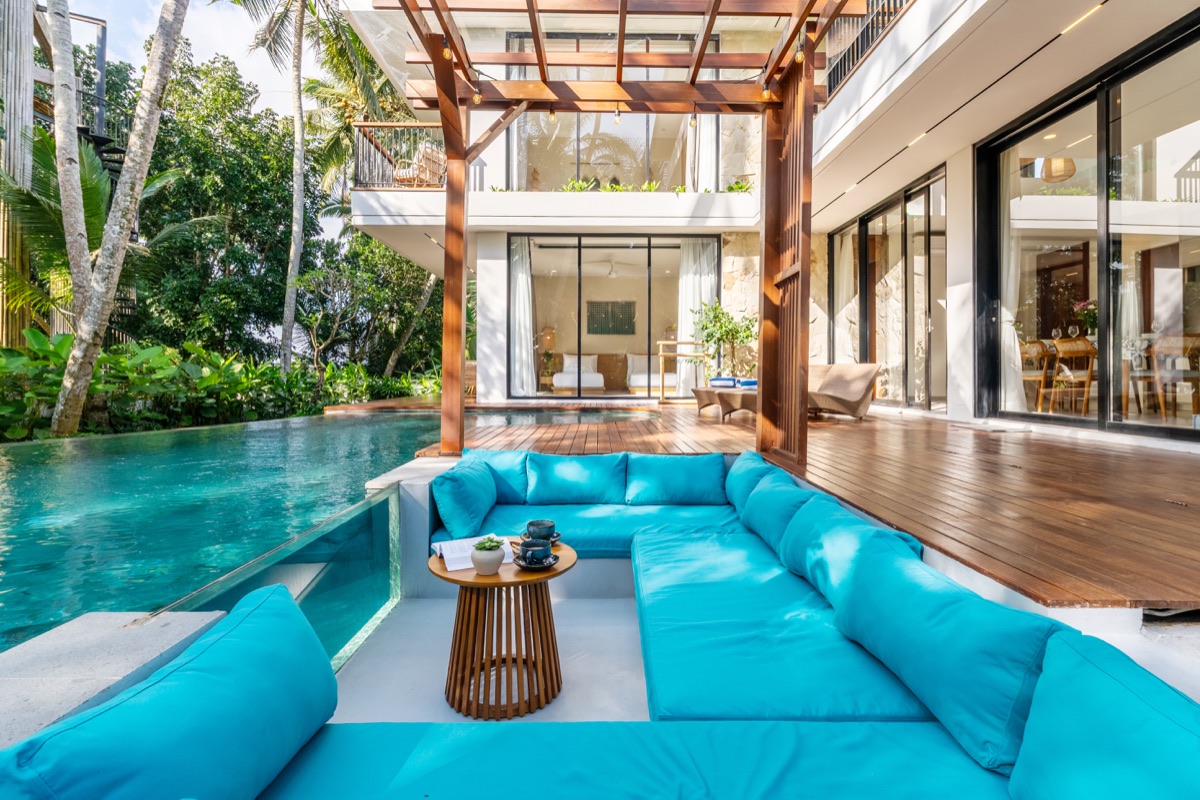 Private pool and wooden gazebo view at Hubuddha Three Bedroom Villa Ubud Bali