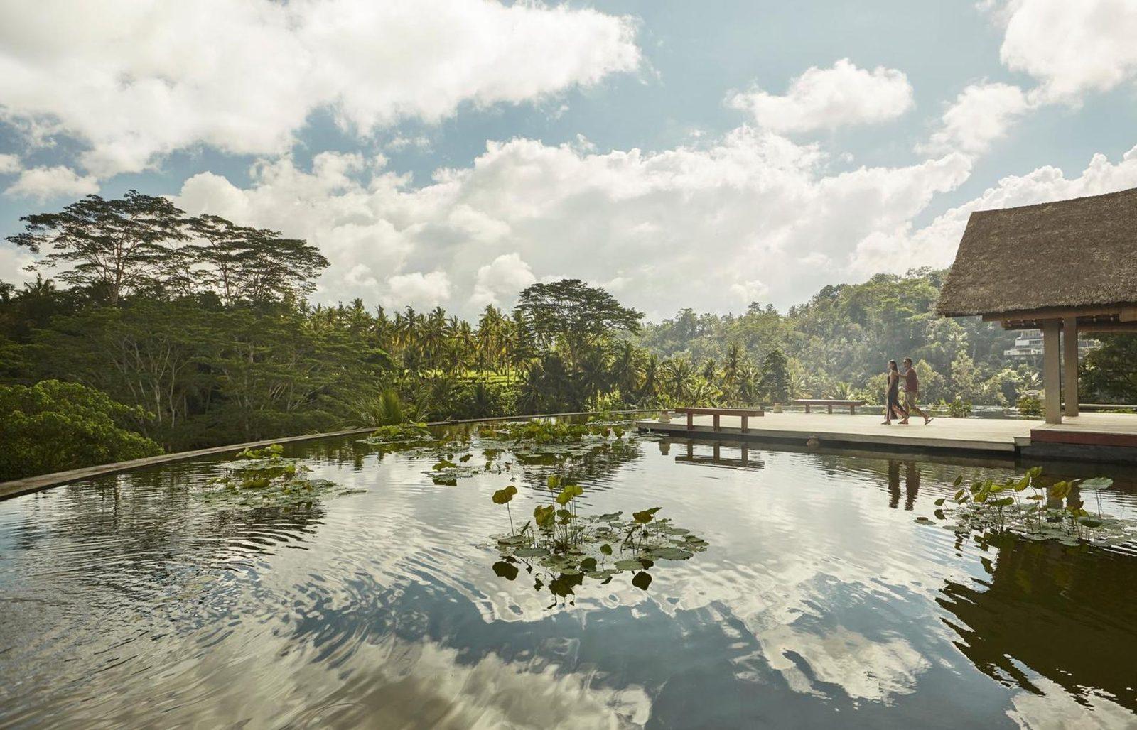 Calm green river valley and jungle at Four Seasons Resort Bali at Sayan in the Ayung valley, Ubud