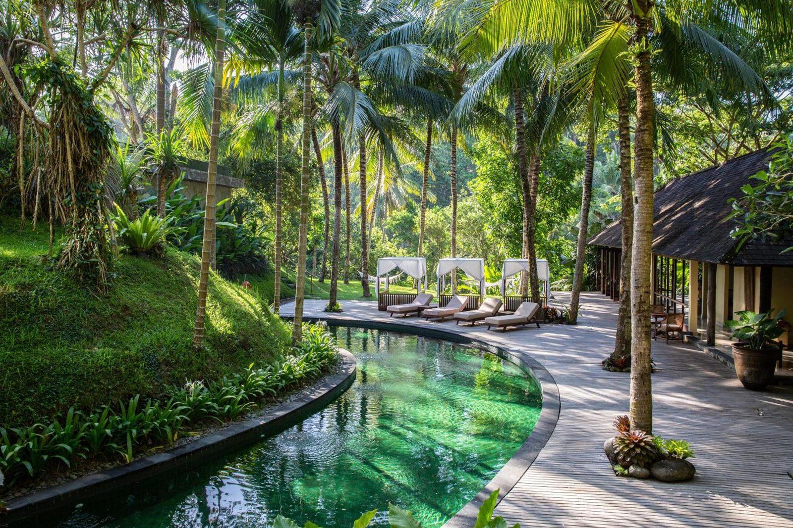 Infinity pool spilling toward a forested green valley at Komaneka at Bisma, Ubud