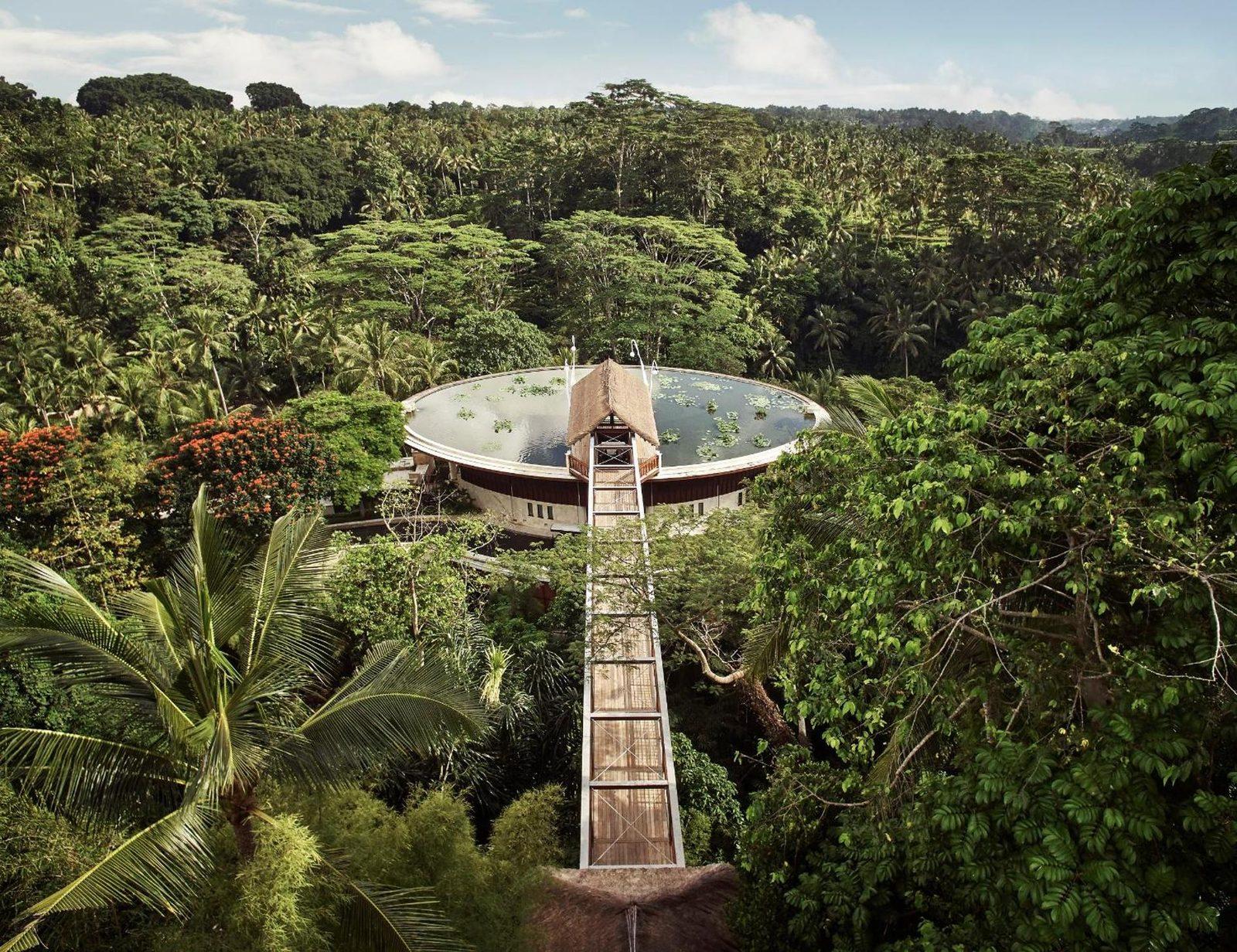 Aerial view of the circular reflecting-pool deck wrapped in jungle canopy at a nature villa in Sayan, Ubud