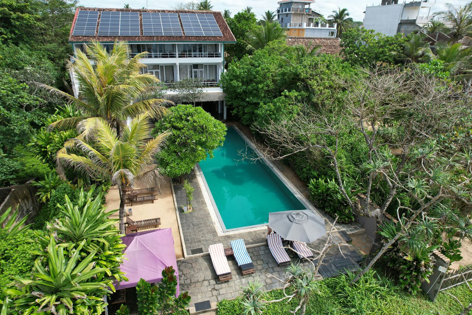 A tropical villa swimming pool with lounge chairs and umbrellas