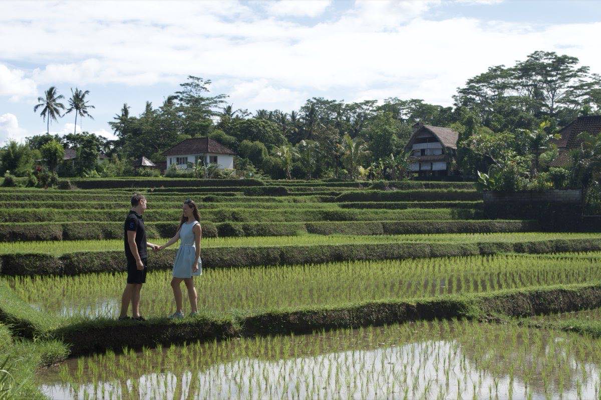 Yulia and Dan walking through rice fields in Ubud, Bali